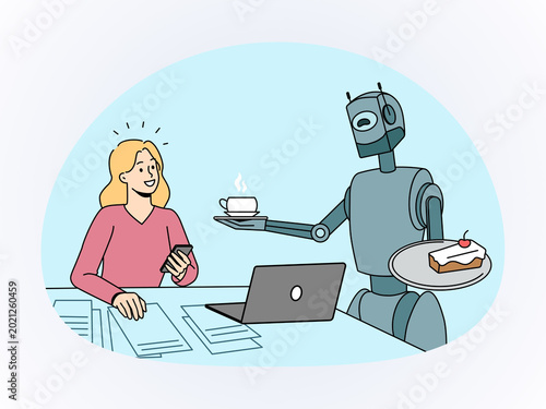 Futuristic AI Robot Serving Coffee and Cake to a Woman Working at an Office Desk