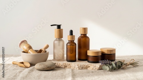 Natural skincare products in amber glass bottles on a textured surface with dried lavender and a stone