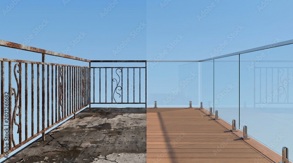 Naklejka premium Balcony Renovation Before and After with Modern Design