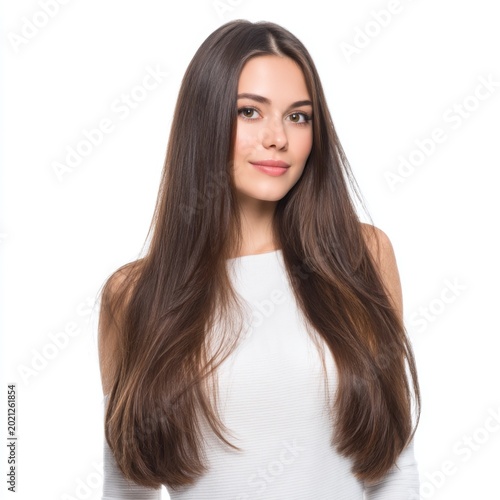 Beautiful Woman with Long Straight Hair in Bright Studio Setting Smiling at the Camera