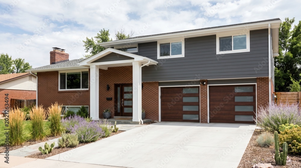 Fototapeta premium Modernized Split Level Brick House with New Garage Doors