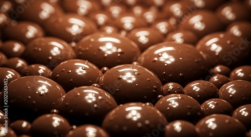 Glistening chocolate bubbles texture, melted milk chocolate spheres with glossy finish, rich cocoa liquid drops macro background