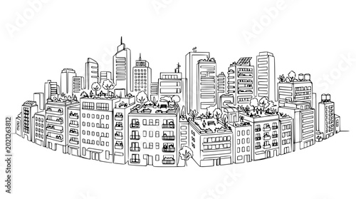 Hand-drawn sketch of a modern city skyline with green rooftops and solar panels