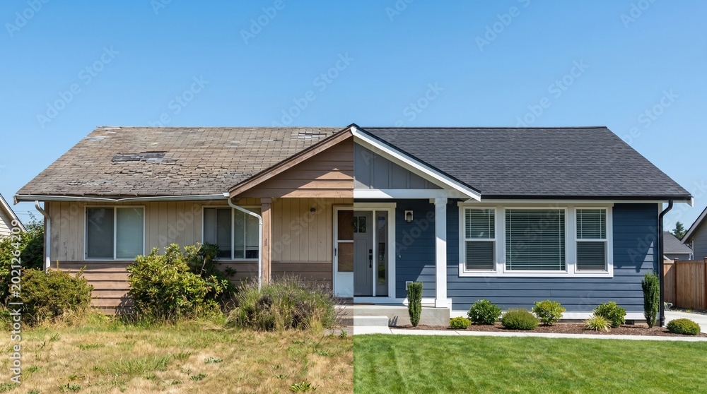 Fototapeta premium Ranch House Exterior Renovation: Dramatic Before and After Transformation