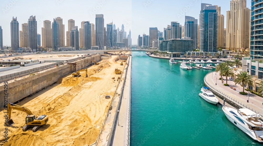 Obraz premium Panoramic Dubai Marina Before and After Urban Development Transformation