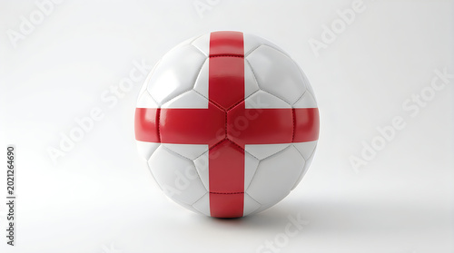 Soccer ball featuring red cross of saint george representing england flag on white background realistic 3d rendering of professional athletic equipment for international football match.