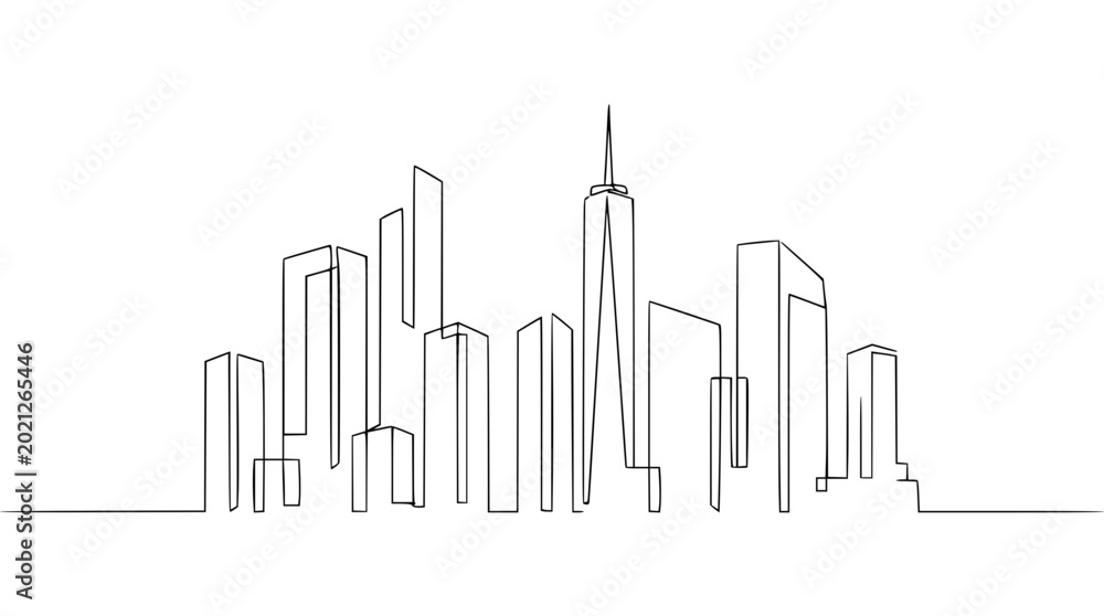 Fototapeta premium Minimalist One Line Drawing of a City Skyline, Modern Architecture, Urban Landscape