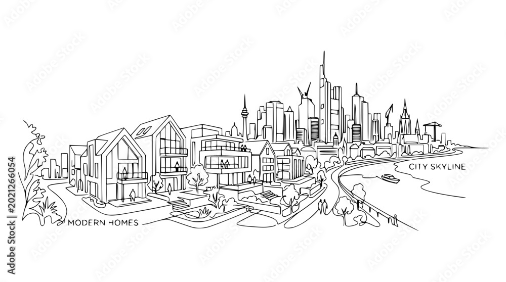 Fototapeta premium Modern Homes and City Skyline Sketch - Urban Landscape Illustration