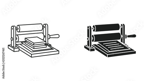 Foto Two variations of a printing press machine with rollers and handles on a white b