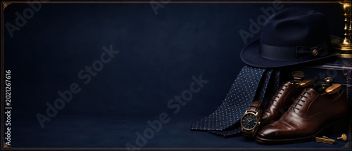 Father gift banner necktie happy shoe hat still life for fathers day promotion with elegant leather shoe and wristwatch dark background with copy