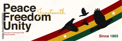 Juneteenth Freedom Day Horizontal Banner with Flying Doves Silhouette and Pan-African Flag Colors