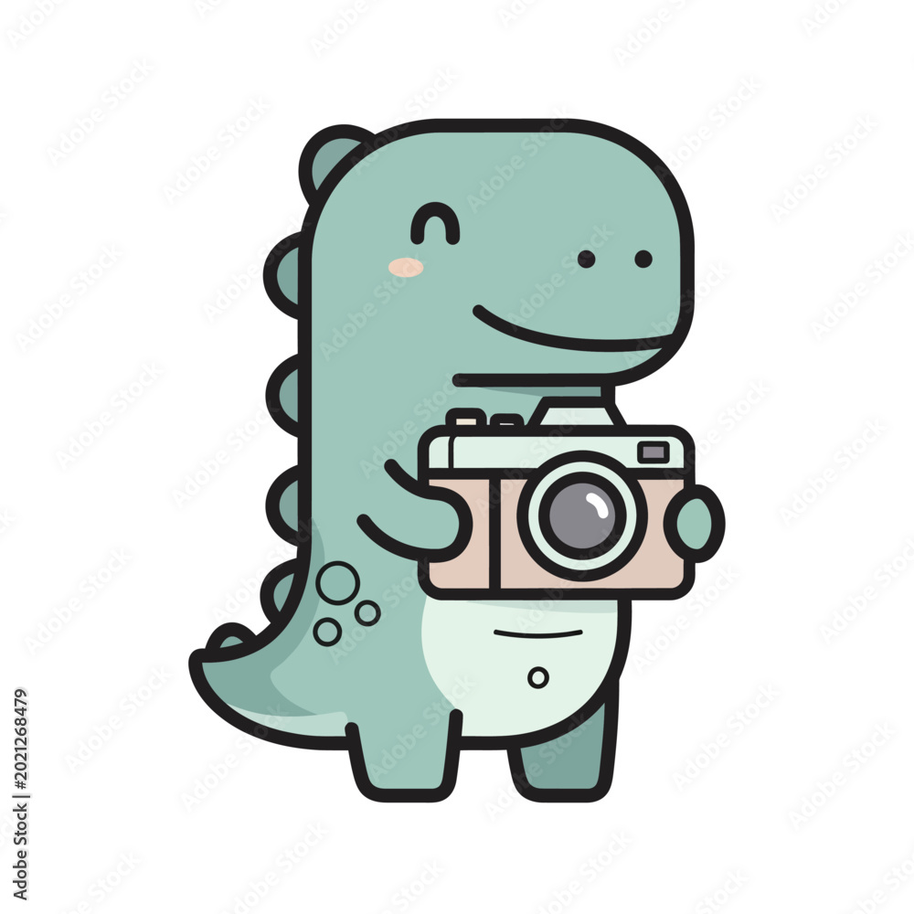 Fototapeta premium Cute Cartoon Dinosaur Photographer on White Background