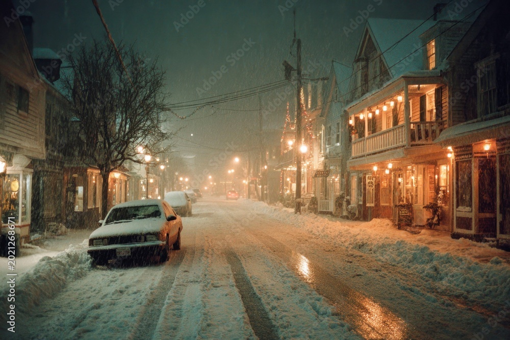 Fototapeta premium a snowy street in a town at night.