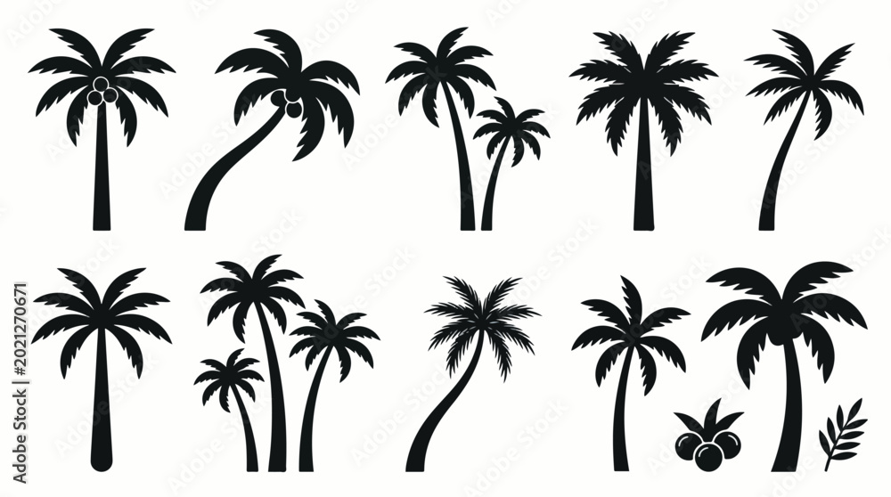 Fototapeta premium Collection of black palm tree silhouettes for creative graphic design projects