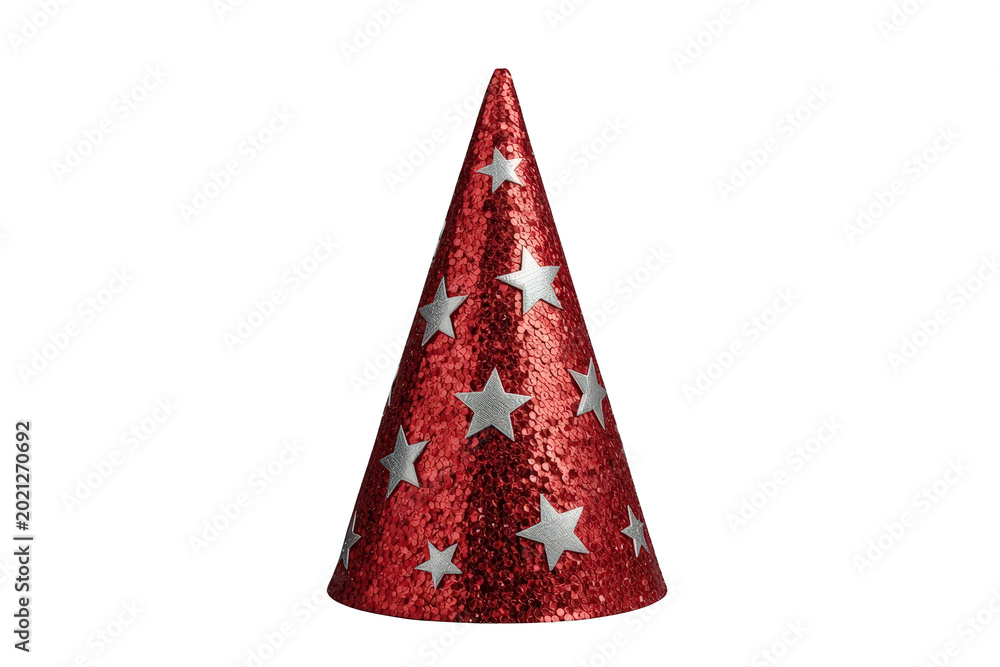 Fototapeta premium Red glittering party hat with silver stars, celebrating birthdays, holidays, and festive events on transparent background