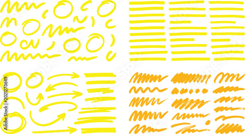 Schilderij op canvas Collection of hand-drawn yellow highlighter pen marks, arrows, circles, and marker strokes set on a clean white background for design emphasis