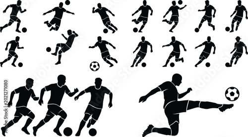Bild auf Leinwand Large collection of black soccer player silhouettes showing dynamic actions like kicking, running, and dribbling for sports design