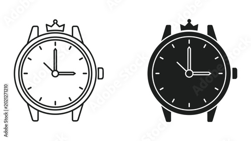 фотографія Two watches with crowns on top in black and white line art style isolated on whi