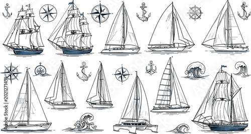 Vintage Hand Drawn Yacht and Sailboat Vector Illustration Set with Nautical Anchor Compass and Wave Elements