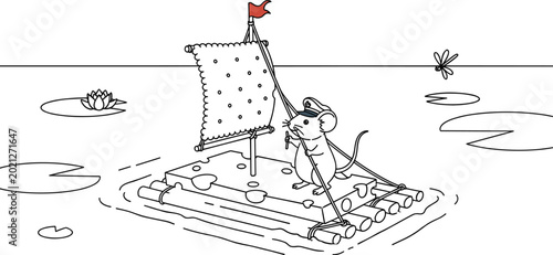 Cute Cartoon Captain Mouse Sailing on Cheese Raft in Lake Vector Illustration for Kids Storybooks