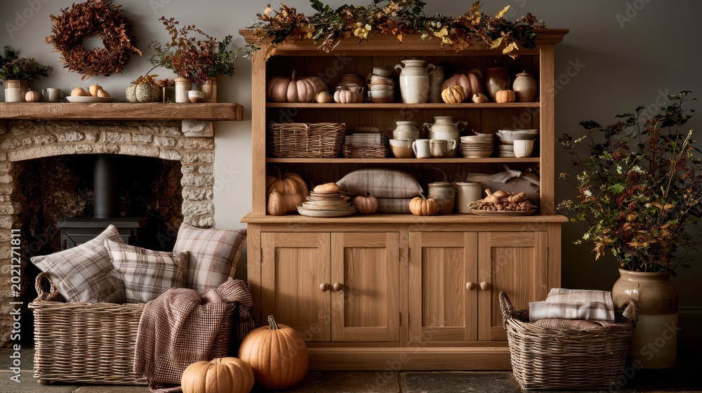 Fototapeta premium Cozy autumn farmhouse interior with pumpkins and rustic decor