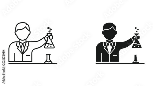 Tableau sur toile Two scientists in lab coats holding beakers with chemicals on white background