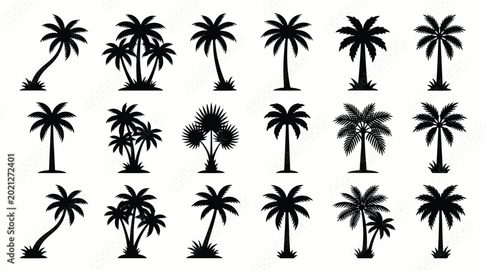 Fototapeta premium Collection of black palm tree silhouettes for tropical design projects