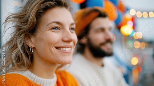 A smiling woman with a relaxed expression, enjoying time with friends in a lively outdoor setting, bringing forth emotions of joy, laughter, and shared memories.