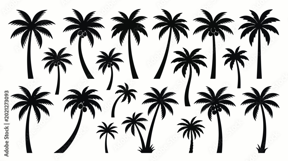 Fototapeta premium Collection of black palm tree silhouettes for tropical design projects