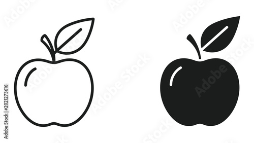 Fotografie Black and white apple icons with leaves on a pure white background for design el