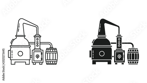 Fotografie Vector illustration of whiskey distillation equipment with barrels in black and