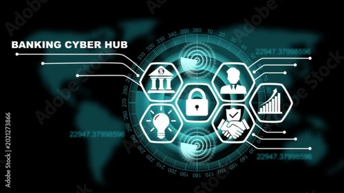 Advanced banking cyber hub HUD interface animation with glowing hexagonal icons for financial security and circular data tracking over a dark world map for global fintech solutions.