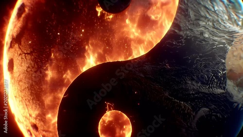 Yin Yang, Chinese philosophy, harmony, balance, Taoism. A vivid depiction of a celestial body, resembling a planet, is depicted in a yinyang symbol.