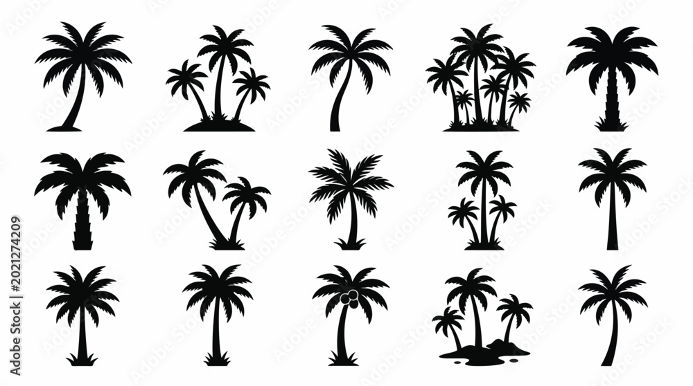 Fototapeta premium Collection of black palm tree silhouettes for tropical design projects