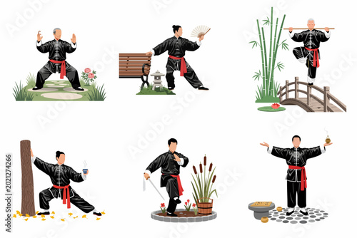 Obraz na płótnie Set of six illustrations showing men practicing various Tai Chi and martial arts forms in serene outdoor settings, including sword and fan techniques