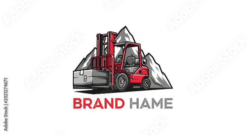 Red forklift lifting heavy cargo with mountain backdrop logo.