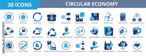 Photos Set of glyph blue style circular economy icon