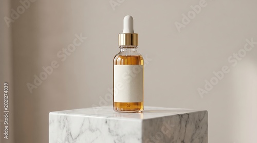 A cosmetic serum in a dropper bottle placed on a marble pedestal against a neutral background, showcasing its elegant presentation
