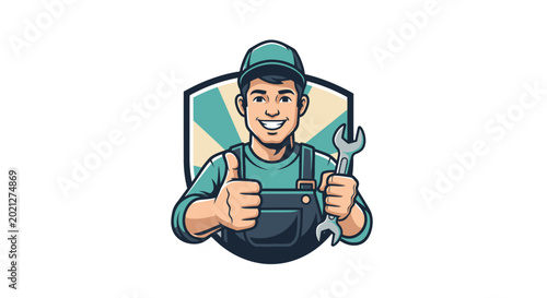 Professional and friendly handyman or mechanic mascot illustration, showcasing reliable repair and maintenance services with a cheerful thumbs-up and a trusty wrench, perfect for business branding