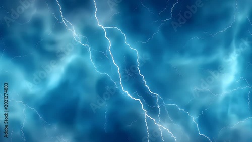 Fantasy wallpaper. A vivid depiction of a striking lightning strike. The sky is a deep blue, with numerous white lightning bolts striking across it, creating a dynamic and powerful scene.