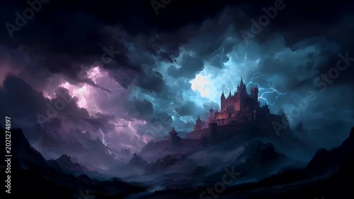 Fantasy wallpaper. A vivid portrayal of a fantasy landscape features a majestic castle perched atop a rugged mountain range. The sky is filled with swirling clouds.