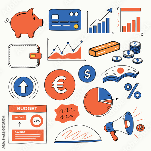 Fotografie Flat vector finance icon set with piggy bank, credit card, wallet, charts, coins