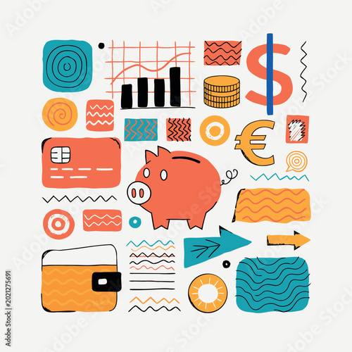 Obraz na plátně Flat vector finance icon set with piggy bank, credit card, wallet, charts, coins