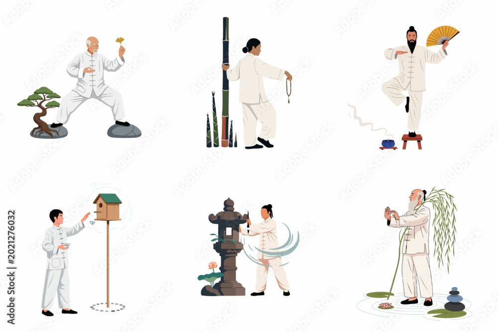 Fototapeta premium Collection of men in traditional Chinese attire practicing tai chi, qigong, and various meditative activities for mindfulness, spiritual balance, and inner peace.
