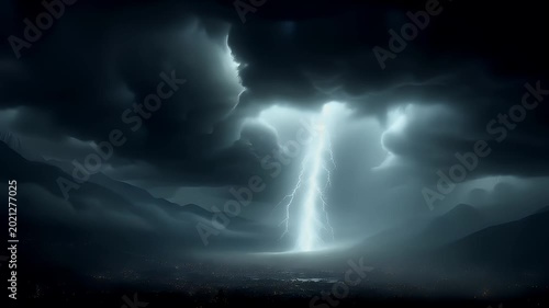 Tornado, twister, weather, natural disaster. A dramatic depiction of a stormy landscape. The sky is filled with dark, swirling clouds, and a bright lightning bolt is striking through them.