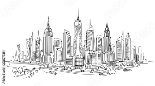 Hand-drawn sketch of a bustling city skyline with iconic skyscrapers and a riverfront.