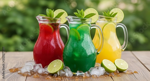 Three colorful pitchers of juice with lime on a table