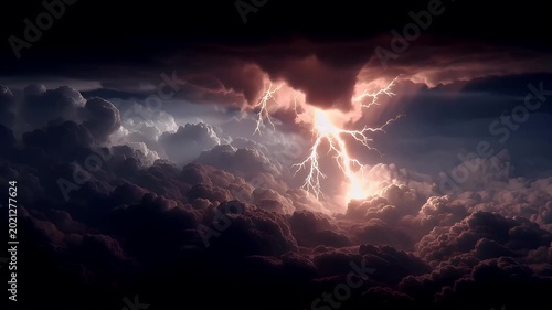 Fantasy wallpaper. A dramatic depiction of a stormy sky. A lightning bolt strikes through the clouds, illuminating the sky with a fiery orange and yellow hue.