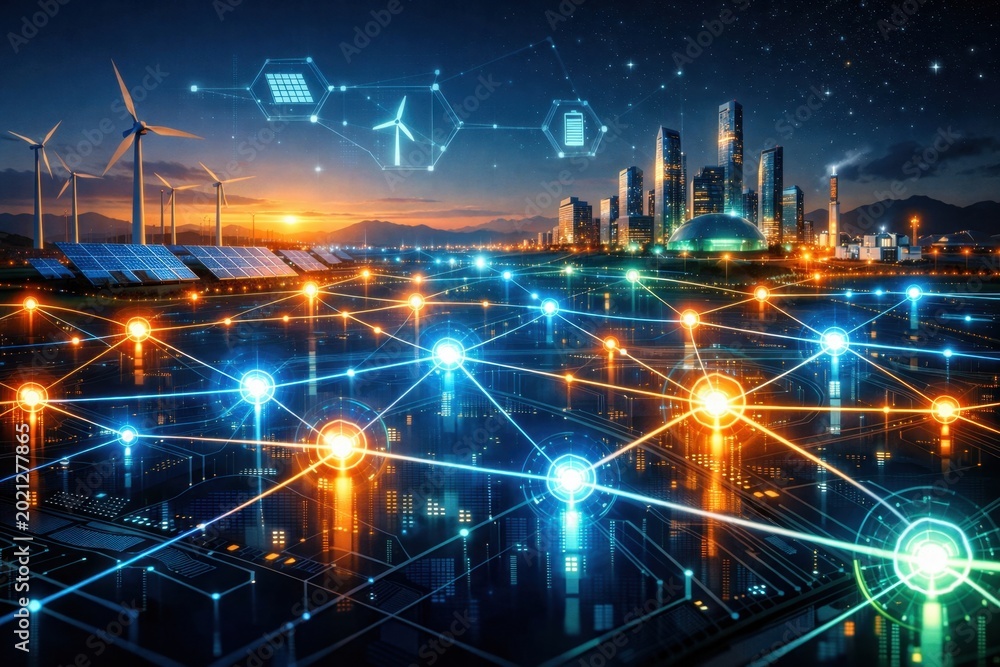 Fototapeta premium Smart city with renewable energy network solar wind power and digital grid innovation future tech