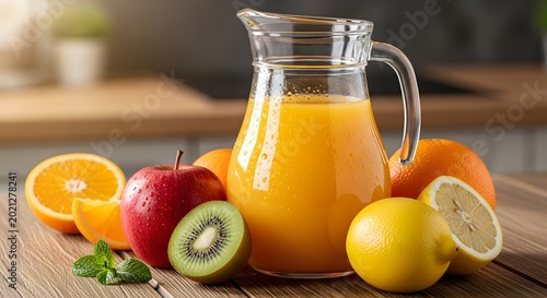 Fresh fruit juice pitcher with oranges, apple, and kiwi on wooden table
